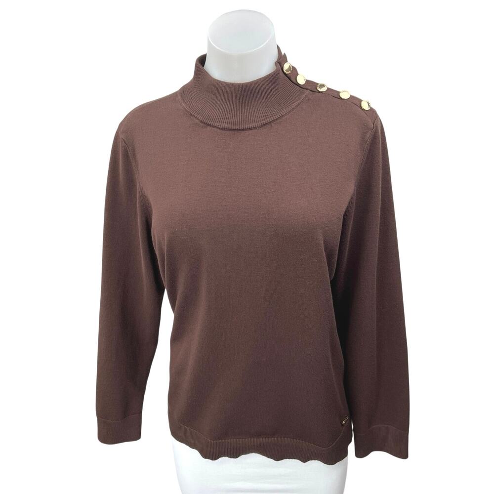 Calvin Klein Brown Button Shoulder Mock Neck Long Sleeve Pullover Sweater Top XL